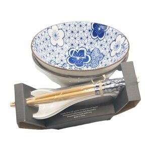 SH Home Blue Floral Ceramic Ramen Noodle Bowl Set of 2 With Chopsticks And Spoon
